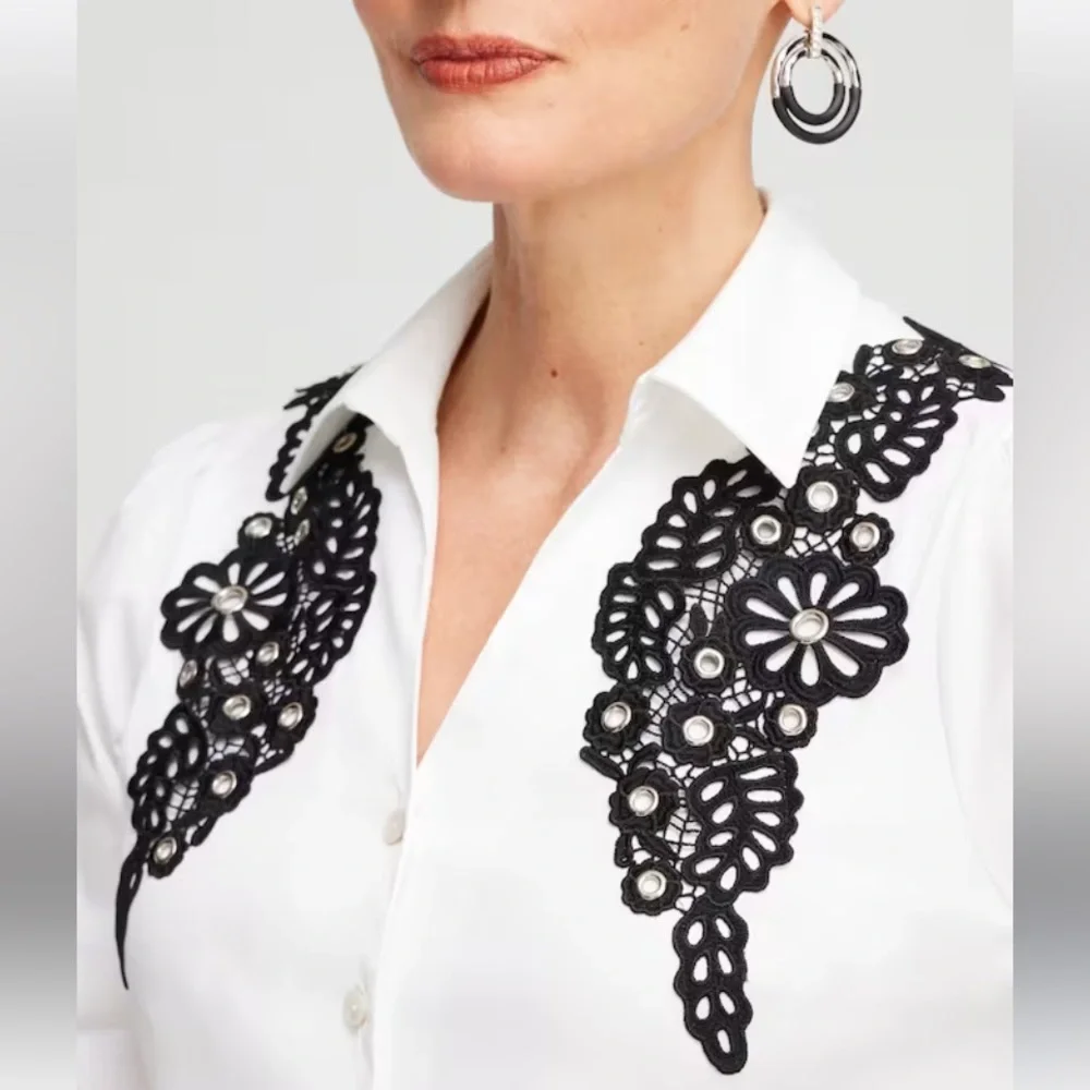 :: CHICO’S Poplin Black Lace on White Appliqué Blouse Dressy Shirt SOLD … - Picture 5 of 14